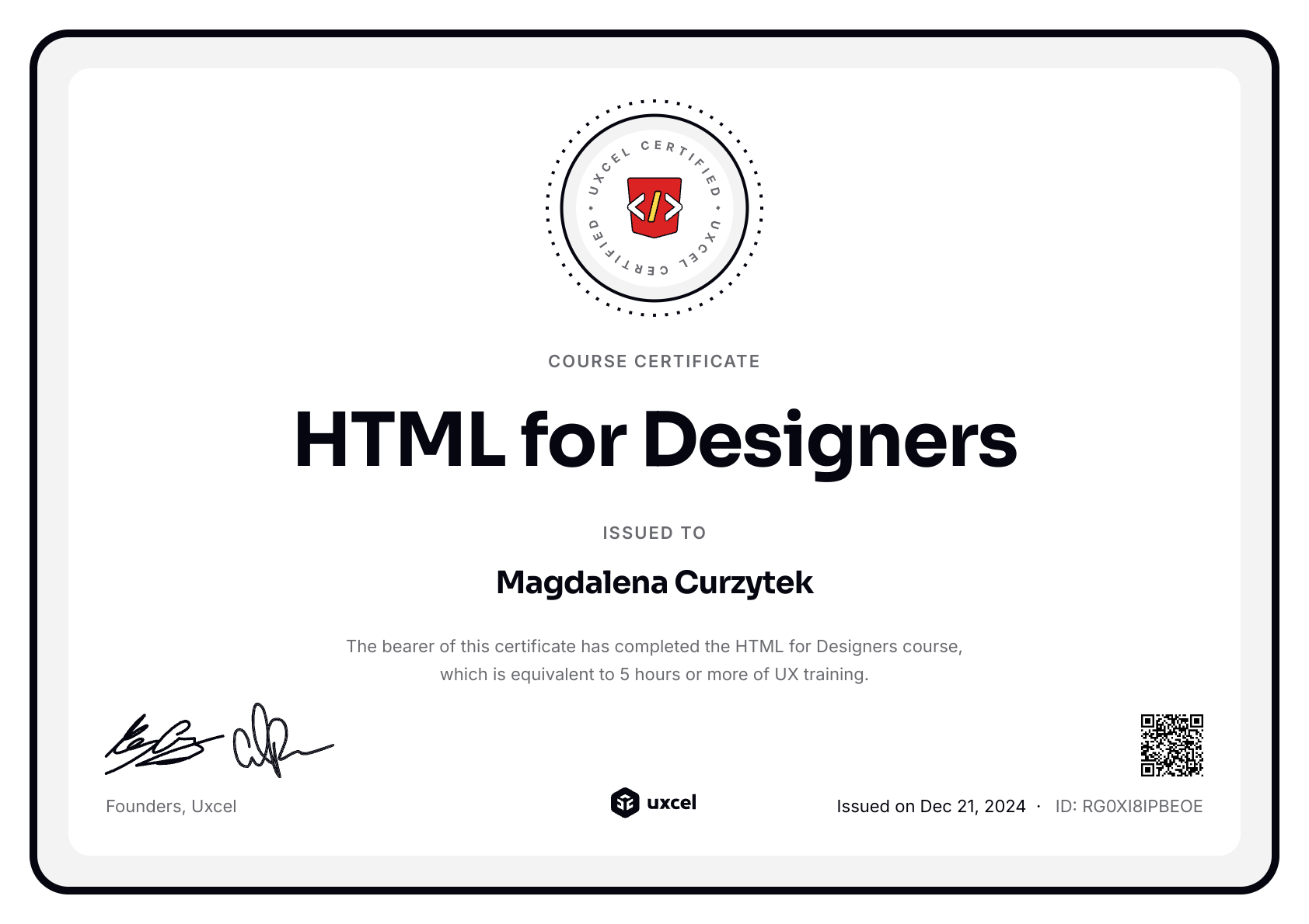 Magdalena Curzytek's certificate